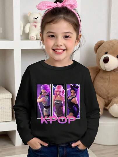 Young Girls Casual Cute Cartoon K-Pop Anime Girl Graphic Print Black Crew Neck Long Sleeve T-Shirt, Suitable For Autumn/Winter Tops