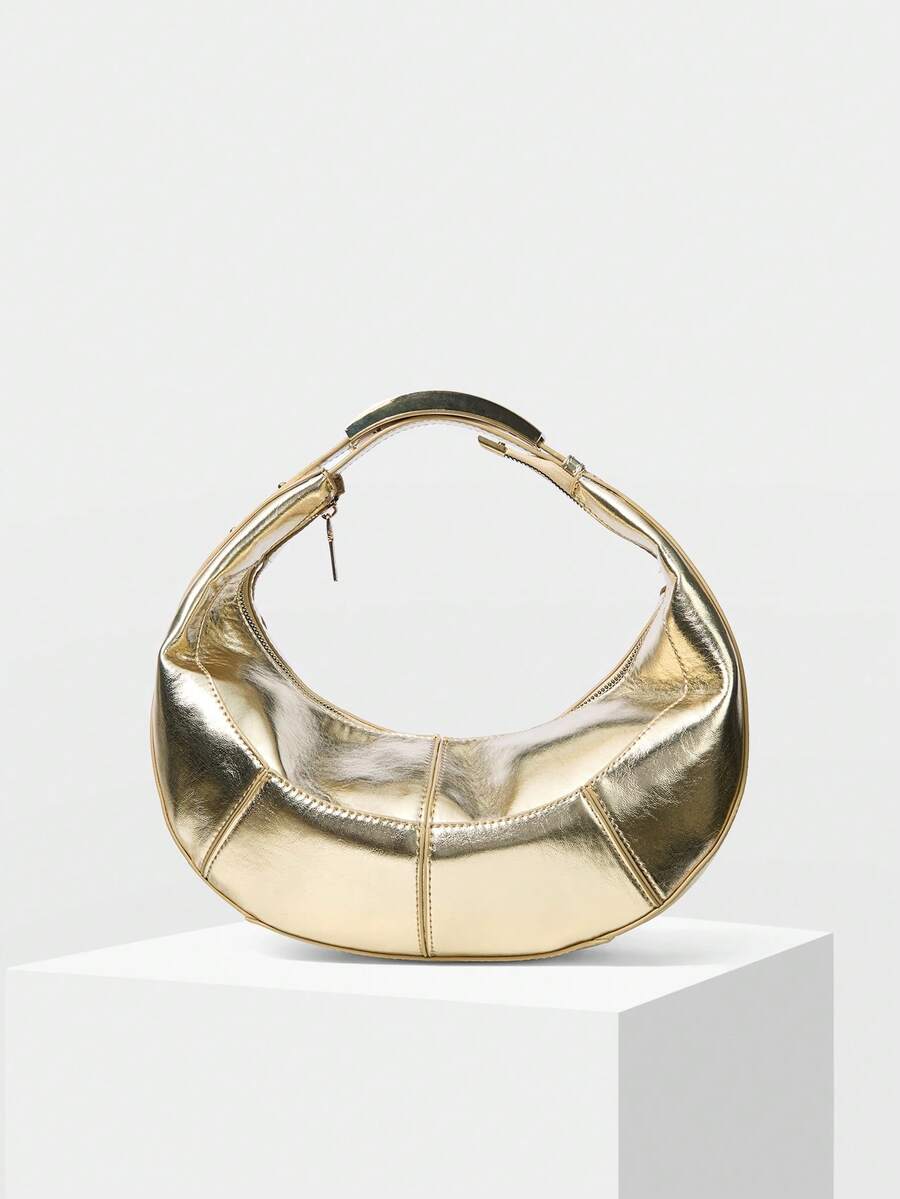MOTF PREMIUM Bolsa feminina simples dourada em formato de lua crescente, ideal para festas, compras e Ano Novo. - Ouro - Ver 2