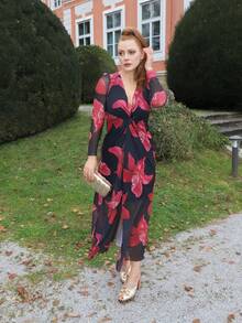 Gretanique Vestido de flores con estampado, hendidura alta y ajuste en la cintura para mujer, ideal para el Día de San Valentín - Negro - Ver 4