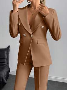 SHEIN Cottnline Women Simple Business Solid Color Lapel Neck Double Breasted Blazer And Pants - Beige - View 5