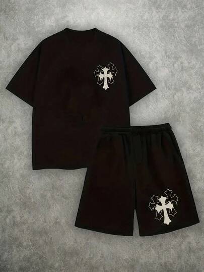 Manfinity ZONE917 Dripping Effect Cross Streetwear 印花男式黑色加大码短袖 T 恤和短裤套装