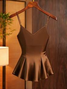 Franclia Women's Fashionable Elegant Deep V-Neck Camisole Brown Satin Top Chocolate Brown Top Dark Brown Top Brown Peplum Top Brown Camisole - Brown - View 2