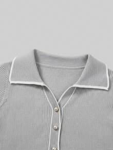 SHEIN MOD Váy len dài ôm vừa vặn, cài nút phía trước, màu tương phản cho mùa thu/đông - Màu Xám nhạt - Xem 3