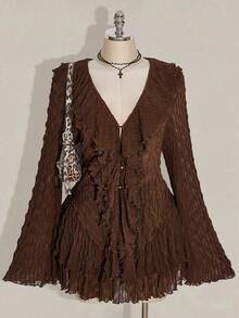 SHEIN ICON Plus Size Women's Autumn/Winter Warm Sexy Hot Retro Millennial Style Y2K Modern Fashion Individual Bohemian Style Western Style Multi-Layered Ruffled V-Neck Flared Sleeve Knitted Textured Fabric Shirt Cake Skirt Brown Suit - Chocolate Brown - View 1