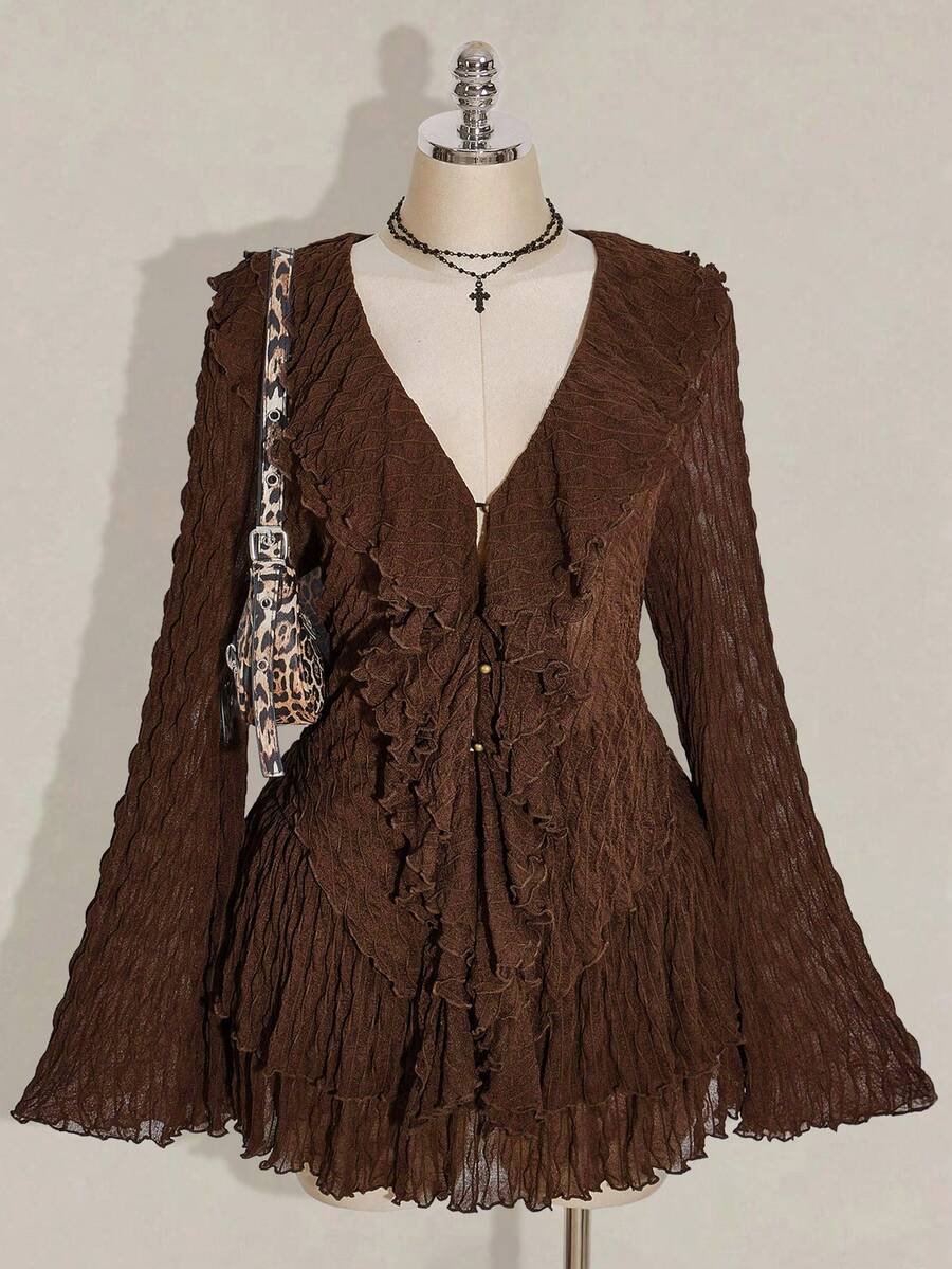 SHEIN ICON Plus Size Women's Autumn/Winter Warm Sexy Hot Retro Millennial Style Y2K Modern Fashion Individual Bohemian Style Western Style Multi-Layered Ruffled V-Neck Flared Sleeve Knitted Textured Fabric Shirt Cake Skirt Brown Suit - Chocolate Brown - View 1
