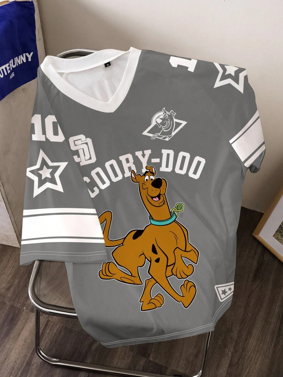 SCOOBY-DOO X SHEIN Men's Casual Letter & Dog Pattern V-Neck Short Sleeve T-Shirt, Summer - White - View 1