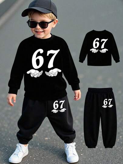 2 st/set Young BoyMysig höst- och vinteroutfit med kreativt numeriskt tryck och tröja och byxor i rund halsringning, casual och kreativt numeriskt 67-tryck