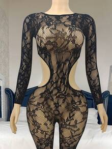 ChaseTheNight Women's Sexy Lingerie Jumpsuit, Sheer Long Sleeve See-Through Black Mesh For Going Out - Black - View 1