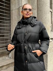 Muchica Plus Size Black Hooded Long Drawstring Waist Coat, Autumn/Winter Fall - Black - View 4