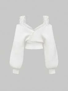 ROMWE Kawaii 法式休闲性感蕾丝吊带深V露肩蝴蝶结套头毛衣 - 白色 - 查看 2