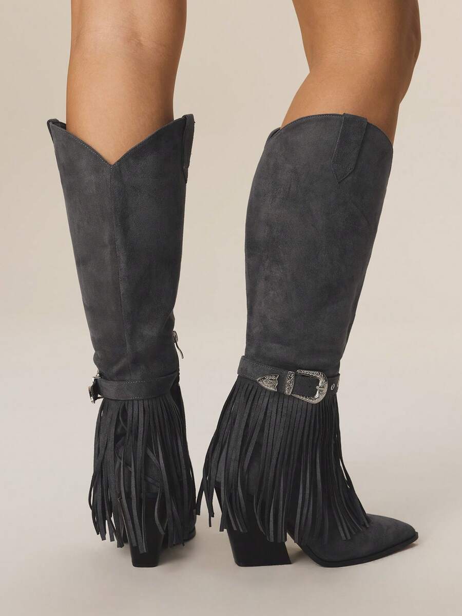 Styleloop Women's Over-The-Knee Woven Boots, Suitable For Vacation, Boho, Western, And Music Festival Styles - Dark Grey - View 1