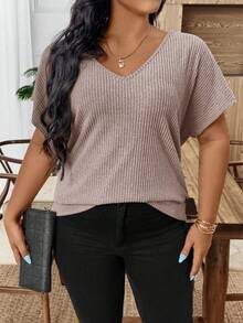 SHEIN Clasi Plus Size Women's V-Neck Backless Batwing Sleeve Casual T-Shirt Going Out Bow Summer Elegant Backless Textured Fabric Back With Bow Classic Women's T-Shirt - Rusty Rose - View 2