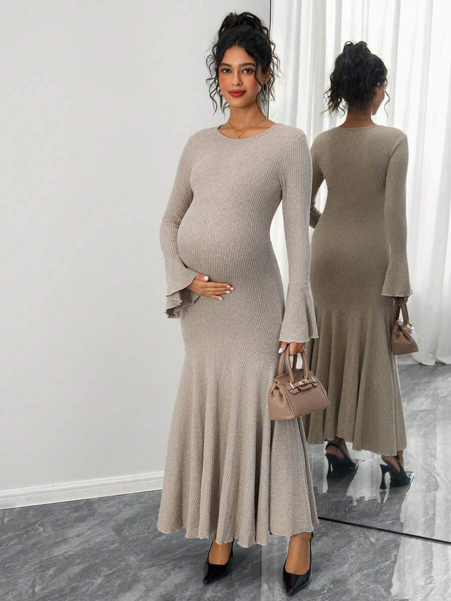 SHEIN Elegant Maternity Dress With Stretchy Fabric, Mermaid Hem And Ruffle Sleeves - Khaki - View 1