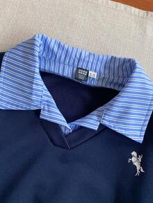 PrepCrw 2件套少女优雅都市校园休闲白色小狗图案蓝白条纹领长袖衬衫长裤套装，适合返校、休闲外出、旅行、聚会、节日、秋季、冬季、春季穿着，朱迪·霍普斯装扮 - 彩色 - 查看 4