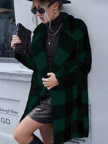 SHEIN Clasi Áo khoác dài họa tiết kẻ caro cho nữ, ấm áp và thời trang, mùa thu/đông - Nhiều màu - Xem 5