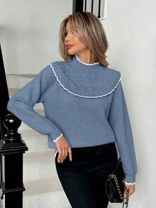Elenzga Women's Casual Colorblock Ruffle Trim Sweater, Autumn/Winter - Blue - View 3