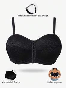 DesireSculpt 1pc Plus Size Women Lace Patchwork Wireless Bra - Black - View 7