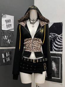 SHEIN Unity Áo nỉ họa tiết da báo vá phong cách Punk thời trang dạo phố dành cho nữ, Thu/Đông - màu đen - Xem 3