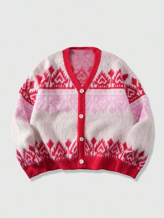 Street Life Men's Single-Breasted Geometric Jacquard Cardigan, Loose Fit, Autumn/Winter