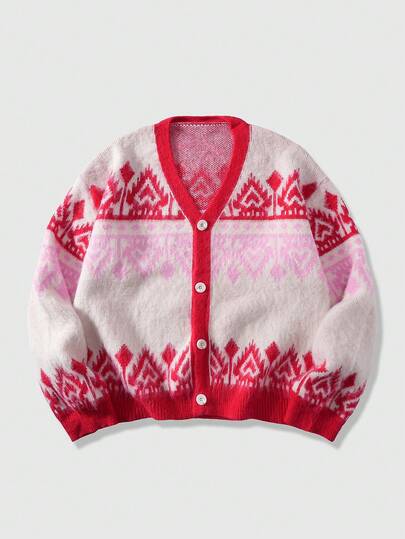 Street Life Cárdigan de hombre de un solo abotonamiento con jacquard geométrico, corte holgado, otoño/invierno