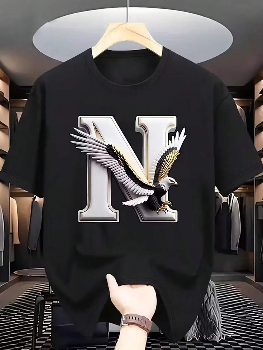 Manfinity Dauomo 男士休闲鹰字母印花T恤，夏季 - 黑色 - 查看 1