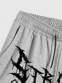 ROMWE MEN Men's Cross & Gothic Letter Print Drawstring Waist Pocket Casual Shorts - Grey - View 5