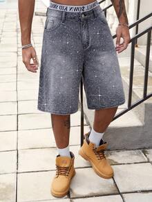 ROMWE MEN Street Life Spring/Summer Casual Graphic Men'S Rhinestone Embellished Denim Shorts - Grey - View 3