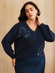 Anewsta Áo len cổ chữ V thanh lịch cỡ lớn có thêu hoa sequin, trang trọng và sang trọng cho mùa thu/đông, Giáng sinh, năm mới, tiệc tùng - Màu xanh hải quân - Xem 4
