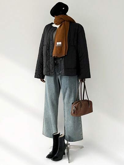 Auralis Plus Size Women's Autumn/Winter Fashionable Casual Loose Comfortable Everyday Thermal Lined Warm Black Jacket Coat, Winter Coat,Winter Clothes,Simple Style,Women's Winter Coat