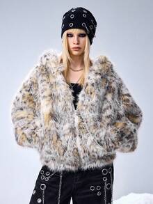 ROMWE EDITION Gray Ombre Polka Dot Faux Fur Hooded Cardigan - Multicolor - View 5