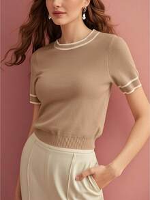 MOTF PREMIUM CONTRAST TRIM SHORT SLEEVE KNIT TOP KNIT PULLOVER FALL WINTER