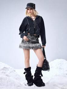 ROMWE EDITION Y2K Vintage Zebra & Leopard Print Patchwork Fuzzy Super Low Waist Super Short Denim Mini Skirt - Black and White - View 2