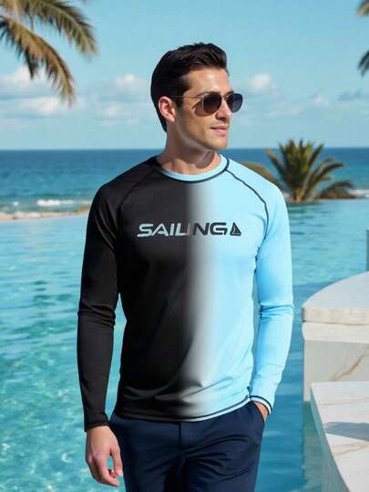 Manfinity VDAYZ Men's Letter Print Contrast Color Raglan Long Sleeve Rash Guard Men Rash Guard Mens Long Sleeve Summer T Shirts Surf Shirt Long Sleeve Swim Shirt Men Swim Shirt