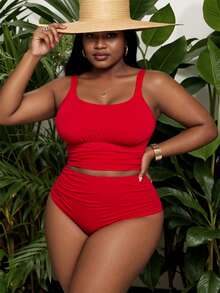 Slaydiva 2-Piece Plain Color Plus Size Tankini Set For Women Summer - Red - View 2