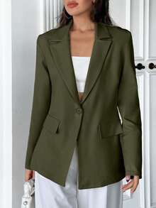 EURMUSE 女士，秋季，夹克，西装外套，米色，常规长度，常规版型，针织面料，微弹性面料，纽扣，假口袋 - 綠色 - 查看 6