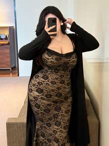 Flirla Plus Size Lace Slip Dress & Ribbed Knit Cardigan 2 Pieces Set Modest - Multicolor - View 5