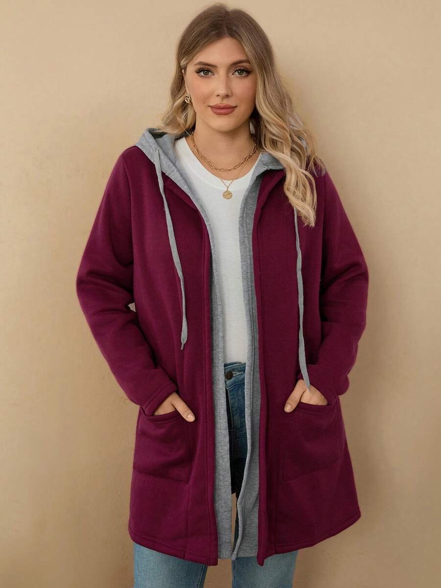 EMERY ROSE Abrigo con capucha y cordón con bolsillos dobles para mujer talla grande de invierno - Burdeos - Ver 1