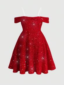 SHEIN Tween Girl Casual Minimalist Comfortable Off Shoulder Cinched Waist A-Line Mid-Length Dress, Red - Red - View 3