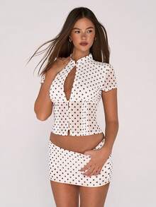 Sweetina Women's Polka Dot Mesh Print Hollow Out Cardigan Top And Mini Bodycon Skirt 2 Piece Set For Women,Elegant Women's Set Casual Outfit For Women - Black and White - View 5