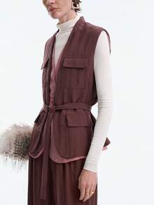 SHEIN Stylify Women's Sleeveless Belted Long Elegant Casual Business Suit Set, Suitable For Office, Daily Wear, Autumn - Rust Brown - View 7