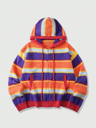 Street Life Cardigan de punto a rayas para hombre, con capucha a rayas