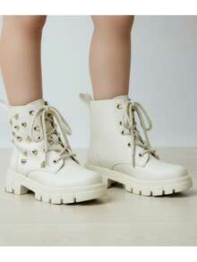 Botas estilo martín infantiles blancas de moda con tachones decorativos, punta redonda, cordones, suela gruesa, ideales para invierno y fiestas - Blanco marfil - Ver 2