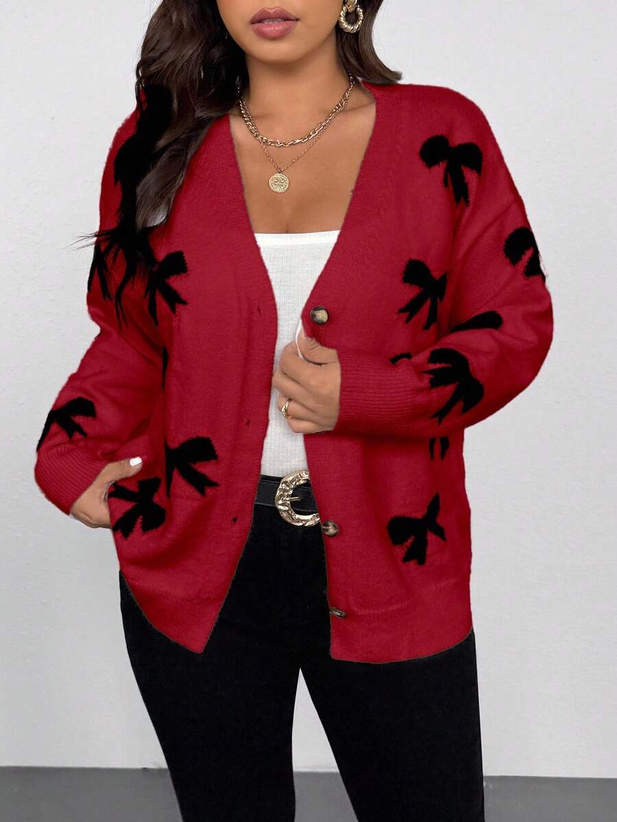 Vionelle 大码撞色蝴蝶结针织开衫，V领休闲宽松柔软毛衣，秋冬季百搭红色开衫，女士开衫毛衣，曲线开衫，女士蝴蝶结开衫，蝴蝶结印花开衫 - 酒紅色 - 查看 1