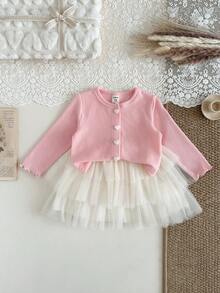 SHEIN Baby Girl Cute Pink Faux Fur Fabric Round Neck Long Sleeve 3-Layer Tulle Cake Dress Set, Versatile For Autumn/Winter - Pink - View 4