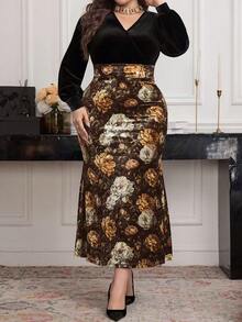 Modelyn Robe ajustée élégante en velours patchwork gaufré grande taille pour femmes - Marron - Voir 4