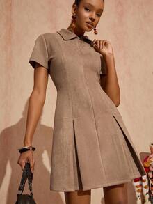 Bóhologie Solid Color, Front Zipper, Suede Fabric, Polo Color, Mini Dress - Camel - View 3