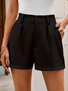 Solivie Shorts De Color Sólido Para Mujer Con Bolsillos Diagonales, Cinturón No Incluido, Shorts De Lino Color Khaki - Negro - Ver 1