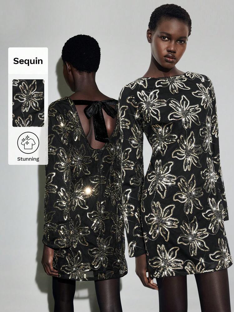 SHEIN Maija ブラックシーケンスフローラルパターン ラウンドネック バックレス 長袖 Aラインミニドレス、パーティー、クリスマス、休暇、結婚式に適しています