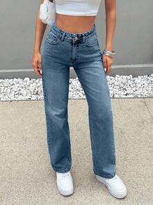 EURMUSE Hochgeschnittene gerade geschnittene hellblaue Jeans für Große - Graublau - Übersicht 3
