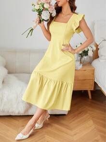 Revavyn Solid Color Square Neck Ruffle Armhole And Hemline Dress Vacation Outfits Woman  - Yellow - View 5